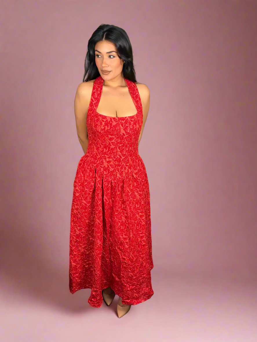 Crimson Bloom Midi Dress